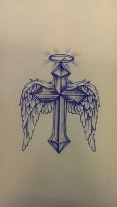 a cross with wings and an angel halo on the top is drawn by hand in pencil