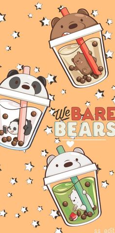 three cartoon bears and pandas in cups with the words we bare bears on them