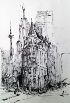 a black and white drawing of a building in the middle of a city with tall buildings