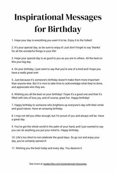 a birthday message with the words inspirational messages for birthday written in black ink on white paper