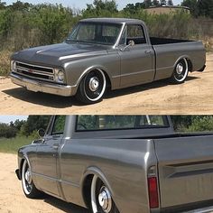 two pictures of an older pickup truck