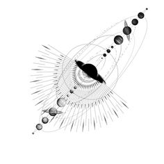 the solar system with all its planets and their satellites in black and white, on a white background