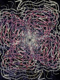 an abstract painting with white and pink lines in the center on a black background photo