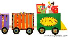 a paper toy train with clowns on the front and circus decorations on the back