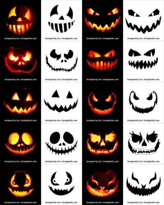 halloween pumpkins with different faces and eyes, all lit up in the same light