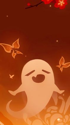 an animated ghost is standing in front of some flowers and butterflies on a dark background