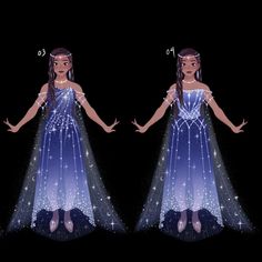 two images of a woman in blue and white dress with stars on her head, one is