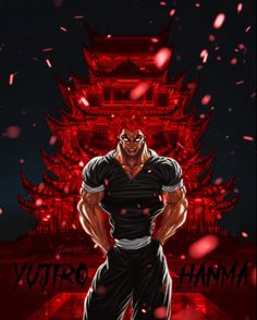 an anime character standing in front of a red background with the words yutro hama on it