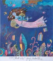 a painting of a mermaid holding an umbrella in the air with stars and fish around her