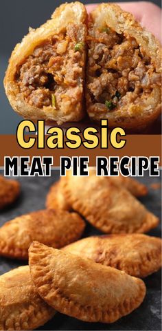 the recipe for classic meat pies is shown in this collage with text overlay