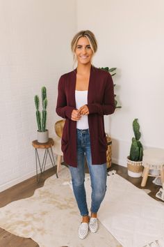 Burgandy Cardigan, Modest Fall Outfits, Womens Clothing Boutique, Burgundy Cardigan