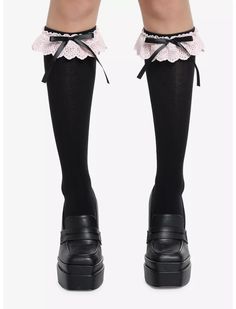 Pink Lace Black Bow Knee-High Socks Goth Kawaii Fashion, Goth Socks, Knee High Socks Outfit, High Socks Outfits, Girlfriend Clothes, Kei Fashion, Sock Outfits, Lace Socks, Thigh High Socks