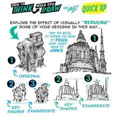 an info sheet with instructions on how to draw buildings and the words think about them