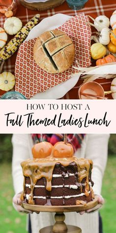 a person holding a plate with a cake on it and the words how to host a fall themed ladies lunch