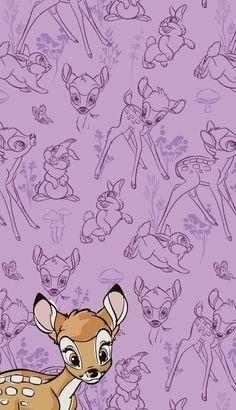 a cartoon deer is sitting in the middle of a purple background with small deers and flowers