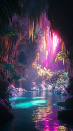 an image of the inside of a cave that is lit up with lights and water