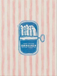 a drawing of some kind of food in a blue and white container with the words sardines on it