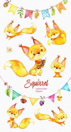 a watercolor painting of squirrels and bunting flags with the words squirrel on it