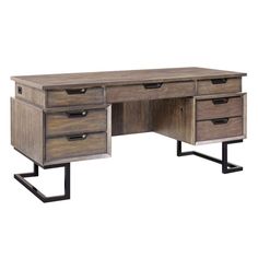 an office desk with three drawers and metal legs