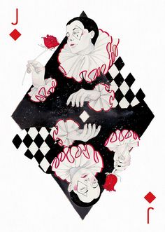 an image of playing cards with the queen in red and white on black, surrounded by diamonds