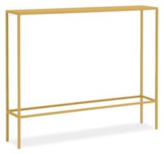 a gold metal frame console table with two shelves on one side and an open shelf at the top