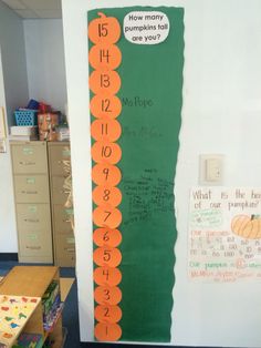 an orange and green bulletin board with numbers on it next to a whiteboard that says how many things are you?