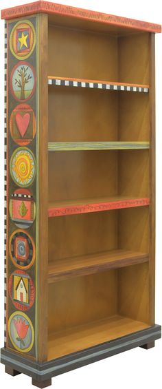 Tall Bookcase –  ﻿Fun and whimsical encircled icons and abstract line-work Painted Shelf Ideas, Bookshelf Painting Ideas, Upcycled Shelves, Bookshelves Painted, Painted Shelves, Room Color Design, Abstract Icons, Colorful Shelf, Mid Century Paint