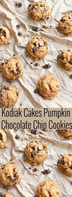 kodiak cakes pumpkin chocolate chip cookies on parchment paper with the title above it