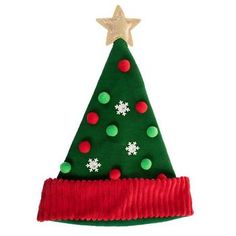 a green and red christmas tree hat