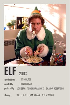 an advertisement for elf eating spaghetti at a table