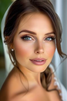 a woman with blue eyes and brown hair wearing a white dress is posing for the camera