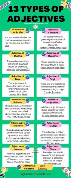 the 13 types of adjcetives in an english language text is shown