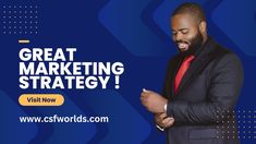 a man in a suit is looking down at his cell phone while standing against a blue background with the words, great marketing strategy visit now