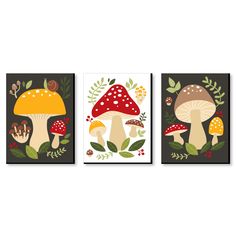 three mushrooms are shown on the wall above each other, with leaves and berries around them