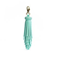 a tasseled keychain hanging from a gold hook on a white background