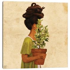 a painting of a woman holding a potted plant with her hair in it's bun