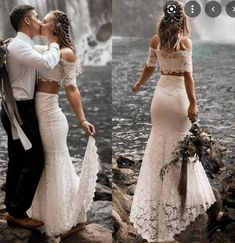 two photos of a bride and groom kissing in front of a waterfall with their wedding dress on