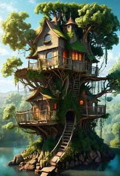 a tree house with stairs leading up to it's roof and trees growing out of the top