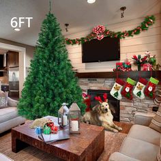 a living room with a christmas tree and presents on the table in front of it