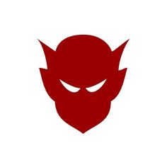 a red devil head with big eyes and horns on it's face, in front of a white background