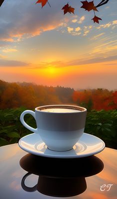 a cup of coffee sitting on top of a table next to a leafy tree