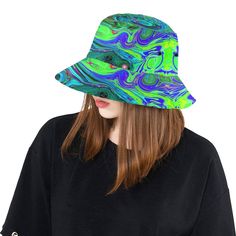 These Colorful Boho Hippie Bucket Hats feature a Groovy Abstract Retro Green and Blue Swirl Original All Over Print Design. It will keep the Sun off your face and give you a cool vibe at the same time! The Unisex construction make it perfect for Women, Men, Teens and Tweens. Made from Chino Cotton Twill – these bucket hats are soft, slightly shiny, comfortable, and fun! This Original Digital Oil Painting by My Rubio Garden features a Groovy Abstract Retro Lime Green and Blue Liquid Art Swirl Pai Adjustable Funky Bucket Hat, Adjustable Green Bucket Hat For Festivals, Funky Green Adjustable Hat, Trendy Green Festival Hat, Trendy Green Hat For Festivals, Trendy Green Hat For Festival, Adjustable Funky Green Hat, Casual Green Bucket Hat For Festivals, Blue And Magenta