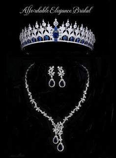 Sapphire Blue Royal Replica Tiara Crown and Jewelry Set Regal tiara with coordinating cz jewelry set. This regal tiara is a replica of the 1881 Dutch Sapphire royal tiara, with a smaller height to appeal to today's modern bride. This fabulous headpiece features a lavish platinum plated design decorated with brilliant clear and sapphire blue AAAAA quality cubic zirconia crystals. The stunning crown will have you feeling like royalty on your special day. Paired with our double drop sapphire blue cz jewelry set, this is a majestic combination that will add a glamorous touch to your wedding day or quinceanera. Color: Silver/ Sapphire Blue/ Clear, Style: hp1017-ne10989. Size: Tiara is about 2 " tall at the center peak. The necklace is about 16.5" long and the pierced earrings are about 1.5" lon Elegant Formal Jewelry With Tall Crown, Royal Tall Crown For Wedding, Dark Blue Tiara, Romanov Jewels, Sapphire Tiara, Tiara Blue, Beaded Edge Veil, Quinceanera Accessories, Winter Wedding Accessories