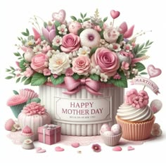 happy mother's day greeting card with cupcakes and flowers in a bucket