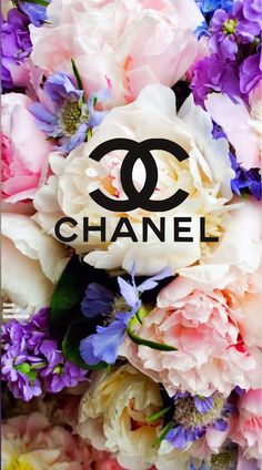 the chanel logo is surrounded by flowers and peonies in purple, pink, white and blue colors