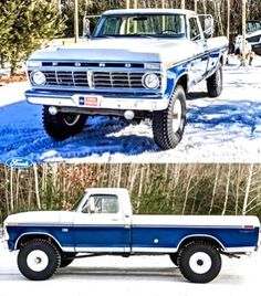 two pictures of trucks parked in the snow