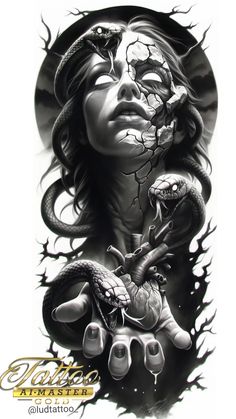 a drawing of a woman with a snake on her shoulder and the face of a demon