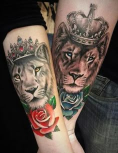 two people with matching tattoos on their arms, one has a lion and the other has a rose