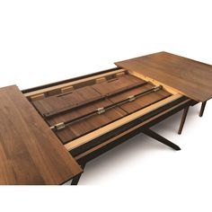 a wooden table with drawers on it