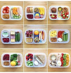 several pictures of different types of food in plastic containers on a wooden counter top, including fruits, vegetables and crackers